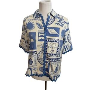 Calypso St Barth Blue White Mediterranean Print Ric Rac Trim Button Down Shirt S